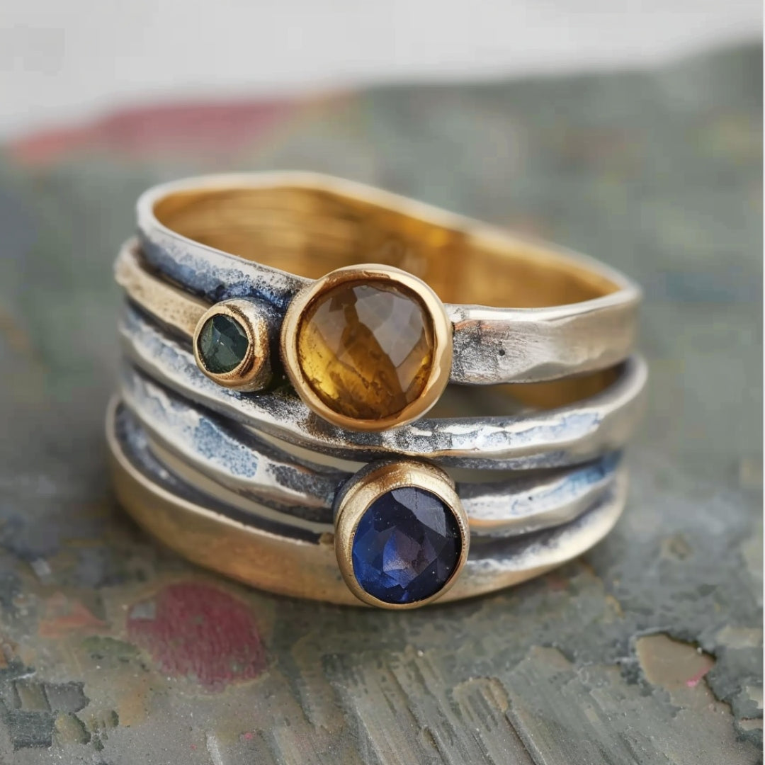 Silver Multicolor Stones Layered Ring-Lydieannejewelry