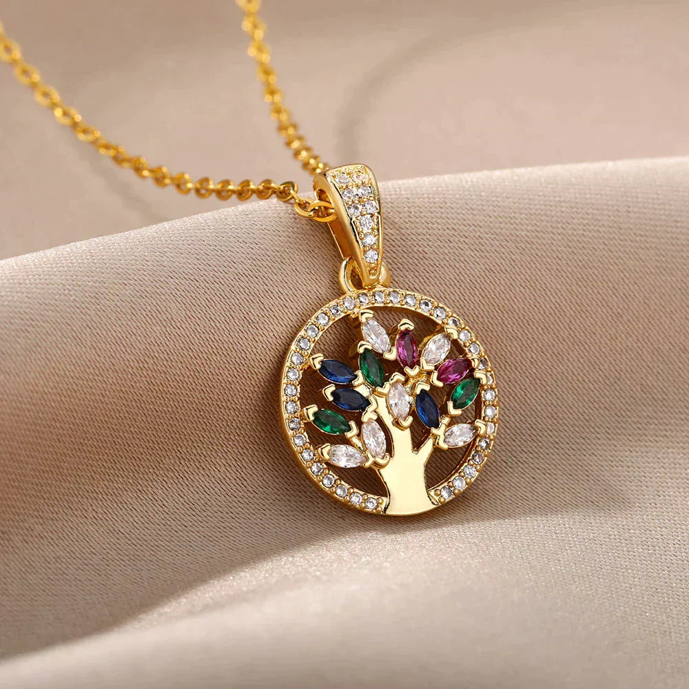 Tree of Life Pendant with Rainbow Stones in Gold
