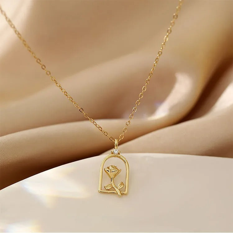 Vintage Gold Arch Frame Rose Pendant Necklace-Lydieannejewelry