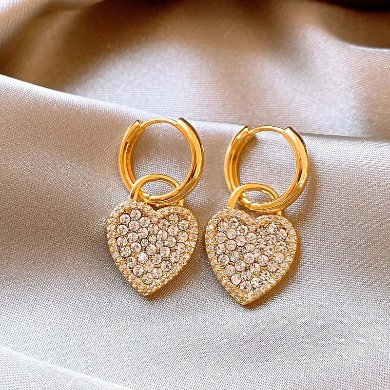 Vintage Gold Crystal-Studded Heart Hoop Earrings-Lydieannejewelry