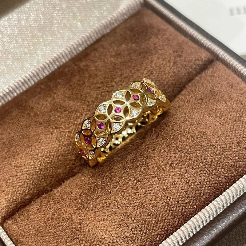 Antique-Inspired Gold & Ruby Floral Design Adjustable Ring-Lydieannejewelry