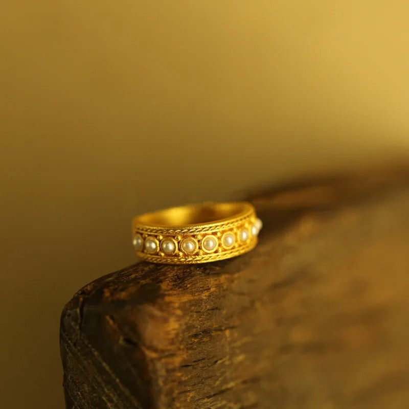 Vintage Gold Pearl-Accented Band Adjustable Ring-Lydieannejewelry
