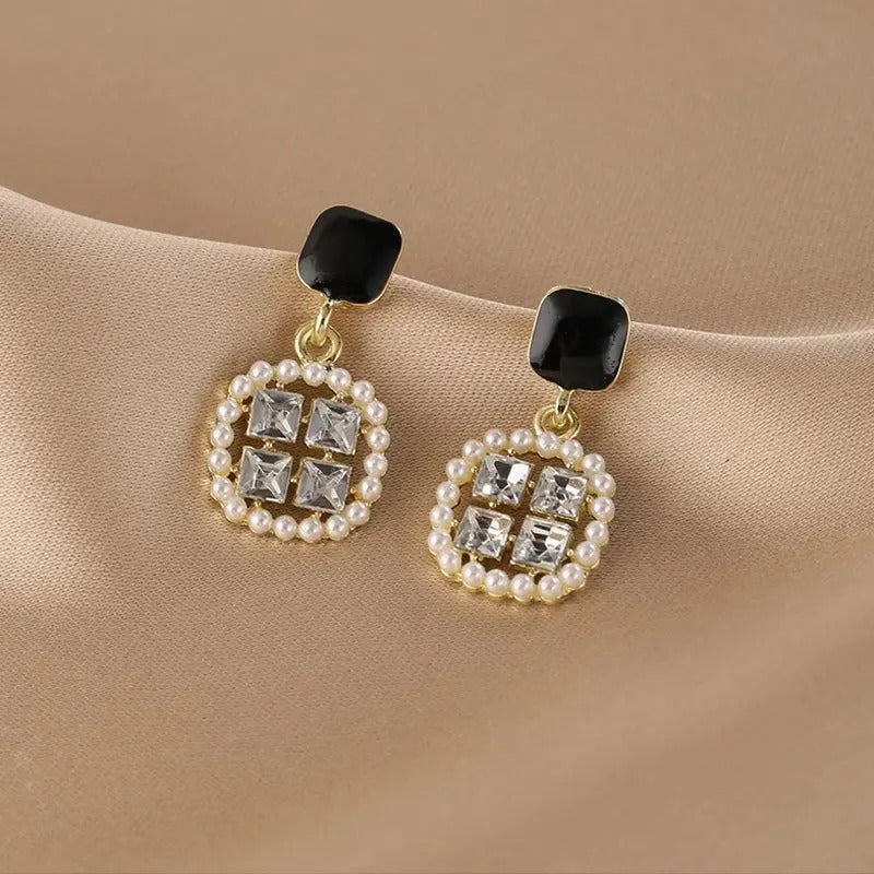 Pearl & Crystal Circle Square Dangle Earrings-Lydieannejewelry