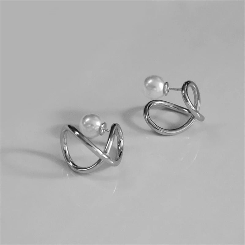 Classic Pearl Twisted Hoop Silver Band Earrings-Lydieannejewelry