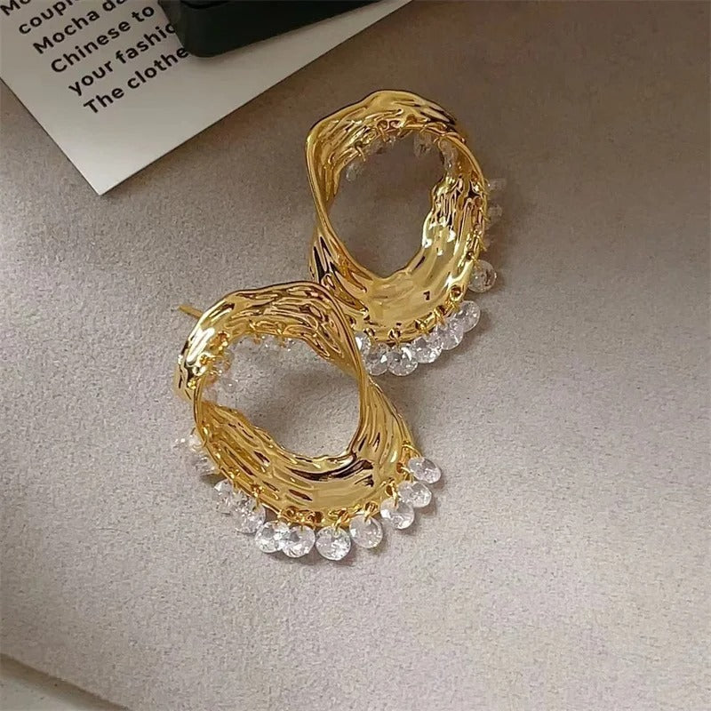 Classic Gold Crystal Drop & Sculpted Wave Earrings-Lydieannejewelry