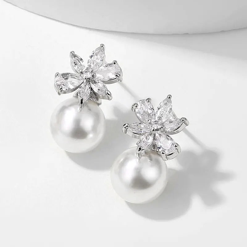Vintage Silver Flower & Pearl Earrings-Lydieannejewelry