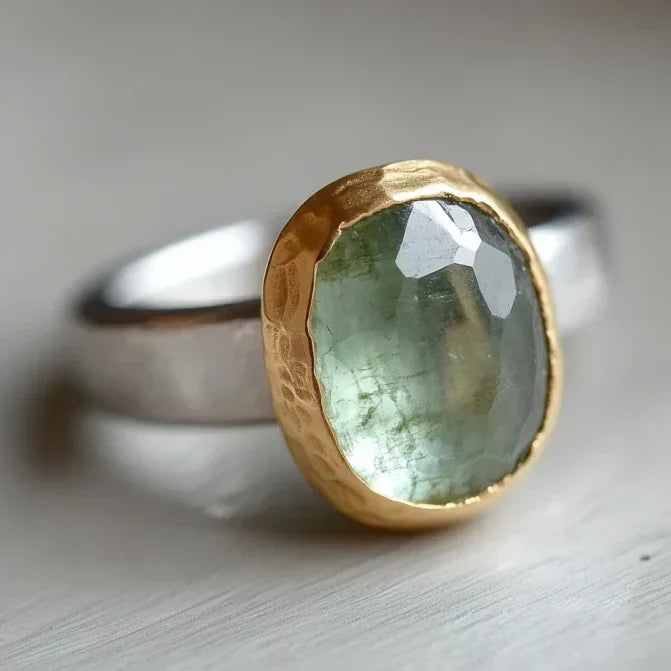 Vintage Green Stone Gold & Silver Forged Ring-Lydieannejewelry