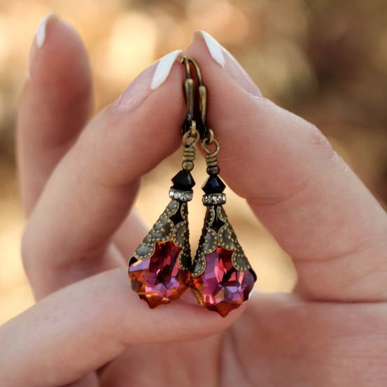 Vintage Red Glass Drop Earrings-Lydieannejewelry