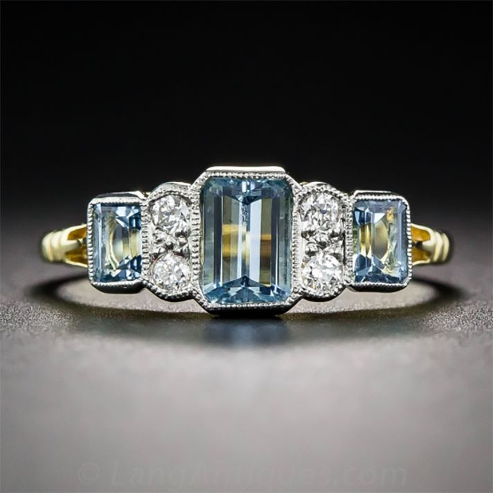 Vintage Blue & White Cubic Glass Gold Ring-Lydieannejewelry