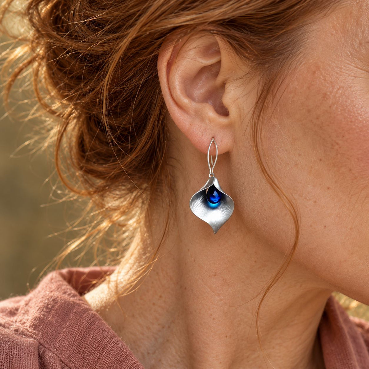 Blue Crystal Silver Lotus Earrings