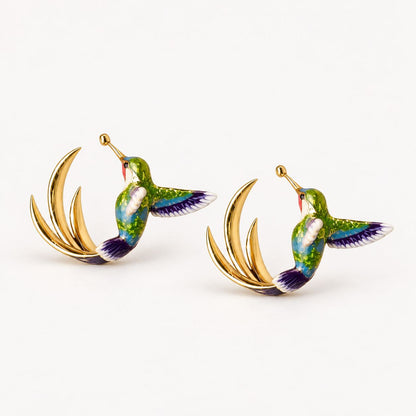 Vintage Enamel Hummingbird Hoop Earrings
