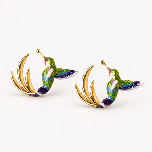 Vintage Enamel Hummingbird Hoop Earrings