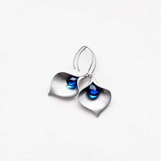 Blue Crystal Silver Lotus Earrings