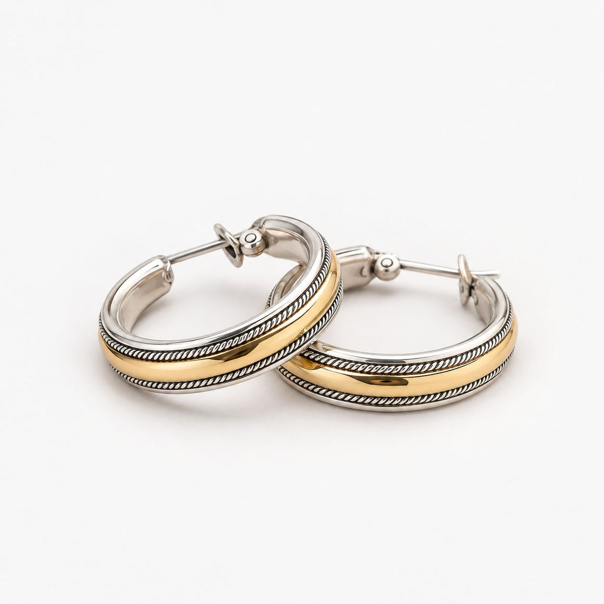 Vintage Golden Line Silver Hoop Earrings