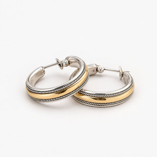 Vintage Golden Line Silver Hoop Earrings