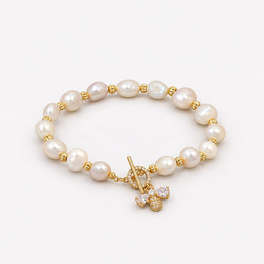 Gold & Pearl Crystal Butterfly Charm Bracelet