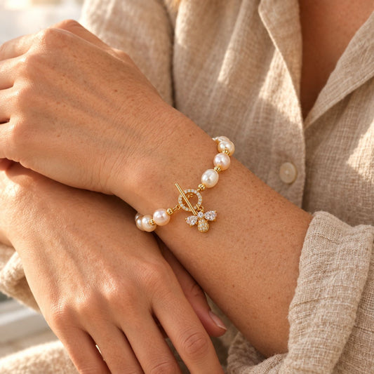 Gold & Pearl Crystal Butterfly Charm Bracelet