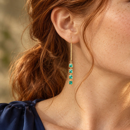 Green Zirconia Dangle Earrings in Gold