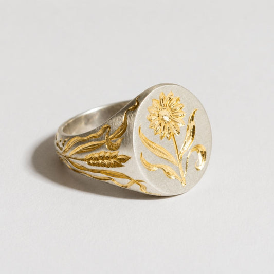 Vintage Silver Sunflower Seal Ring