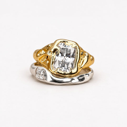 Vintage White Glass Gold & Silver Ring set