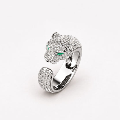 Adjustable Jaguar Ring in 18K Silver and Rose Gold with Green Zirconia Eyes