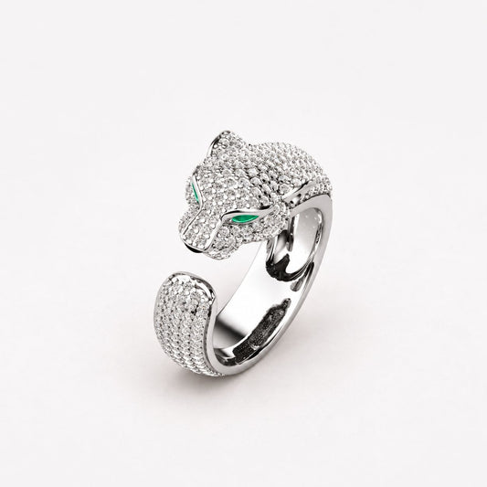 Adjustable Jaguar Ring in 18K Silver and Rose Gold with Green Zirconia Eyes