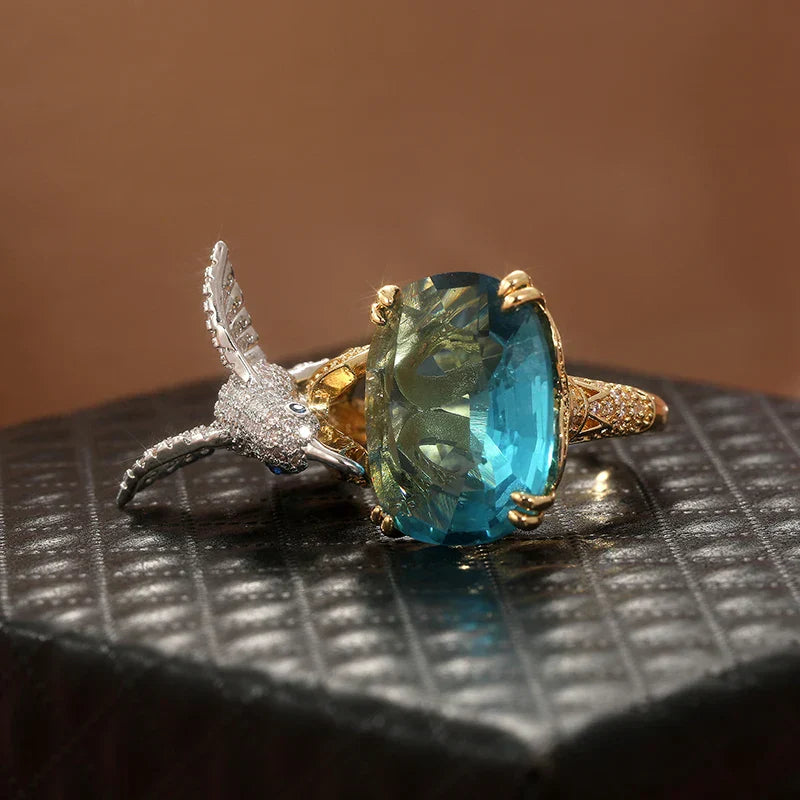 Aquamarine Hummingbird Ring Adjustable