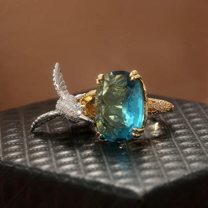 Aquamarine Hummingbird Ring Adjustable