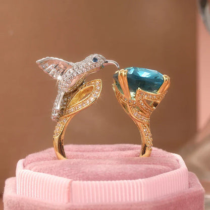 Aquamarine Hummingbird Ring Adjustable