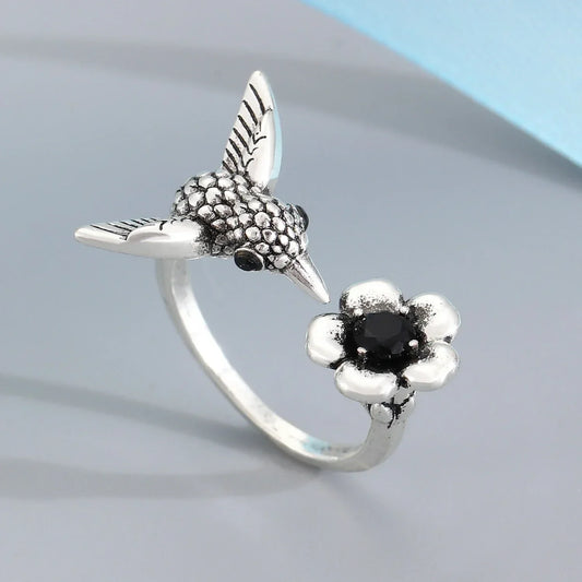 Adjustable Hummingbird Flower Ring