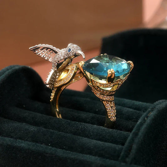 Aquamarine Hummingbird Ring Adjustable