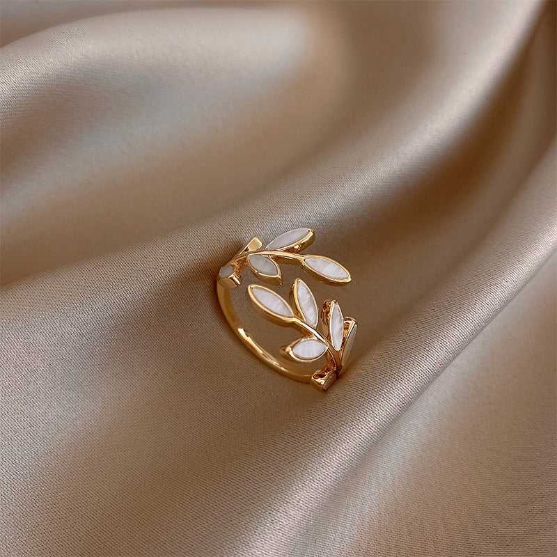 White Opal Leaf Adjustable Ring in Gold-Lydieannejewelry