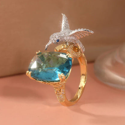 Aquamarine Hummingbird Ring Adjustable