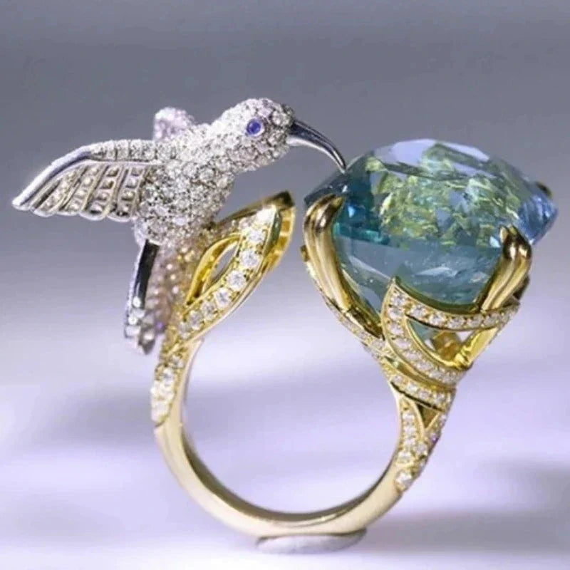Aquamarine Hummingbird Ring Adjustable