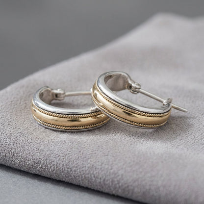 Vintage Golden Line Silver Hoop Earrings
