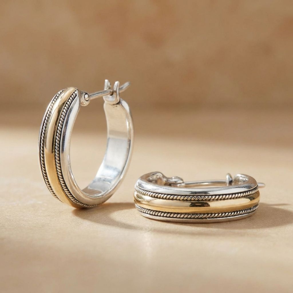 Vintage Golden Line Silver Hoop Earrings