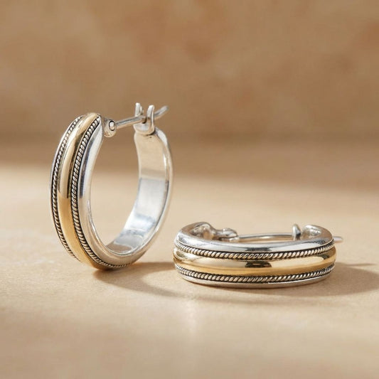 Vintage Golden Line Silver Hoop Earrings