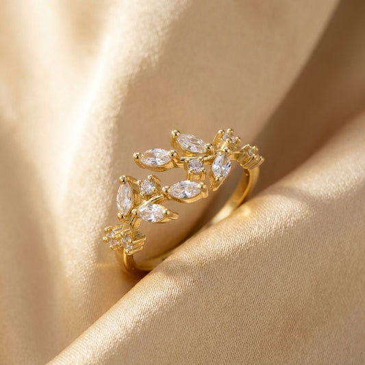 Golden Crystal Leaf Ring