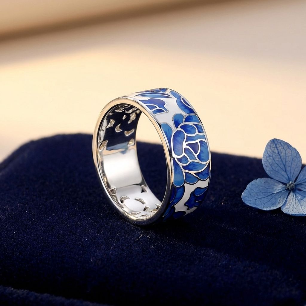 Vintage Silver Blue Enamel Flower Ring