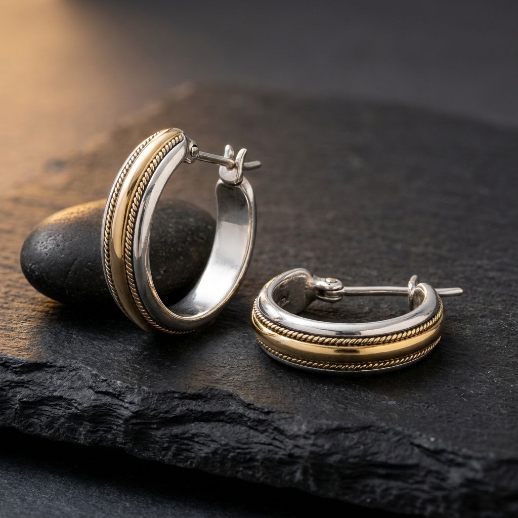 Vintage Golden Line Silver Hoop Earrings