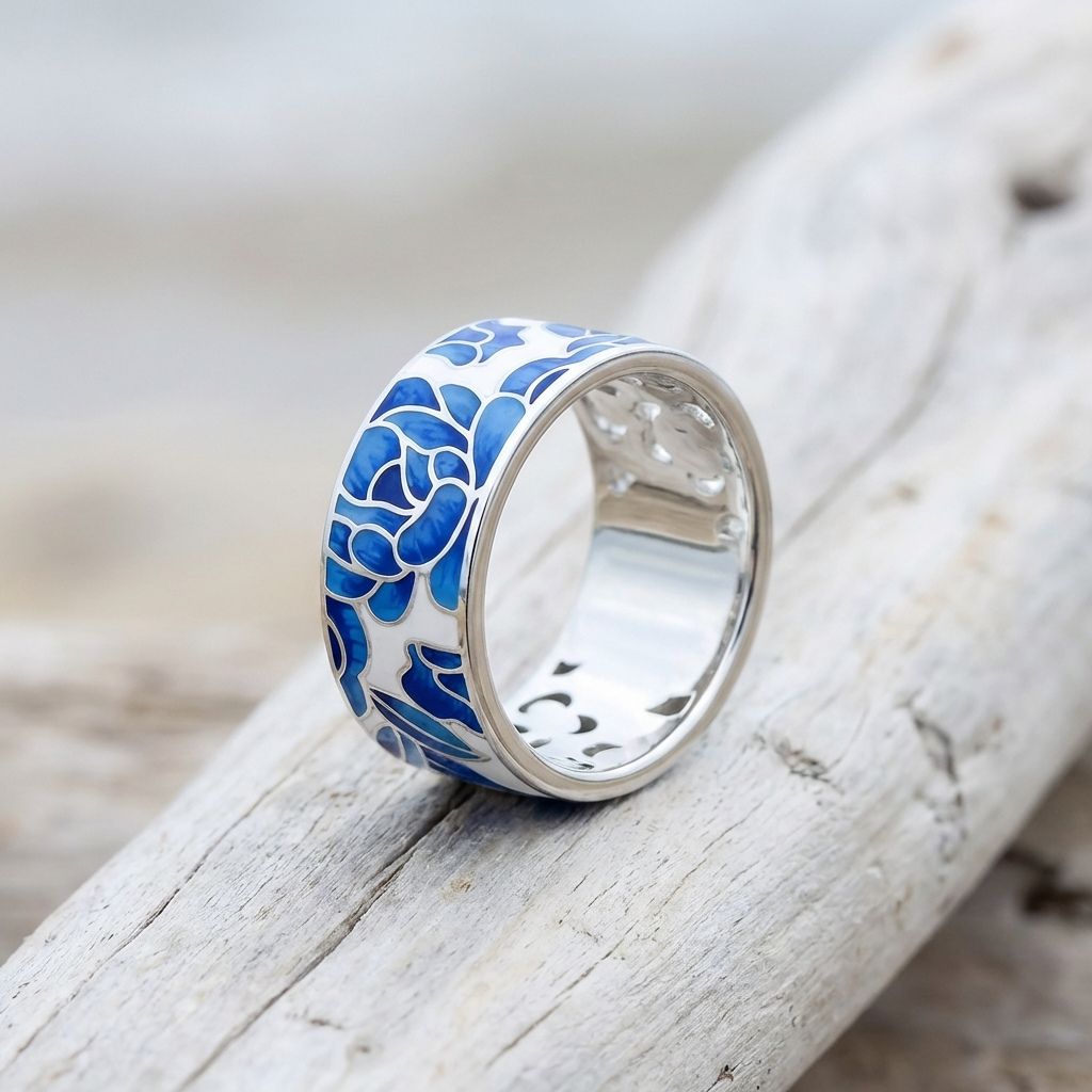 Vintage Silver Blue Enamel Flower Ring