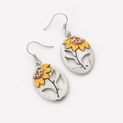 Vintage Botanical Sunflower Leaf Drop Earrings
