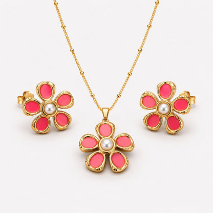 Vintage Gold Enamel Flower Jewelry Set