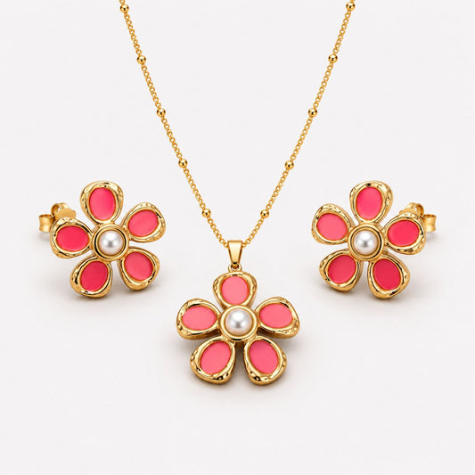 Vintage Gold Enamel Flower Jewelry Set