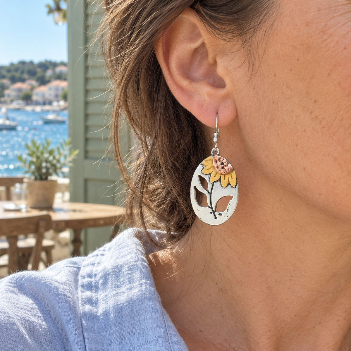 Vintage Botanical Sunflower Leaf Drop Earrings