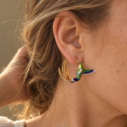 Vintage Enamel Hummingbird Hoop Earrings