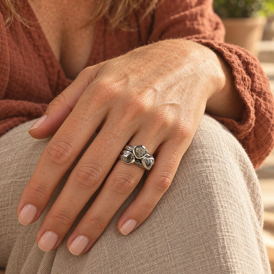 Vintage Layer Silver Grey Glass Ring