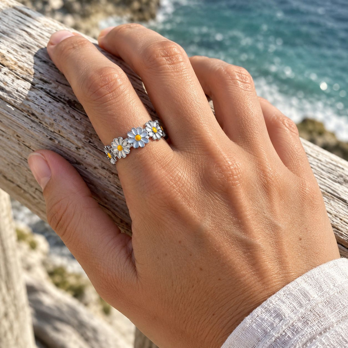 Vintage White Floral Resin Statement Ring