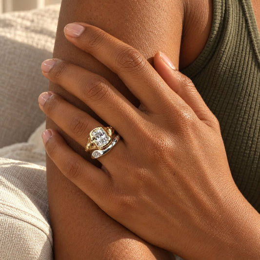 Vintage White Glass Gold & Silver Ring set