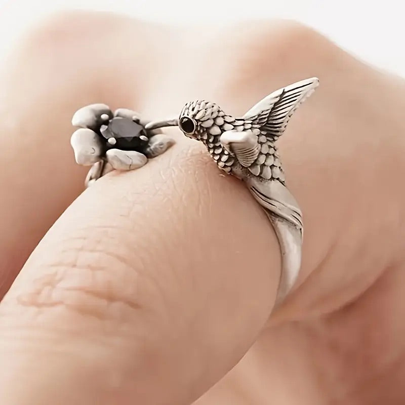 Adjustable Hummingbird Flower Ring